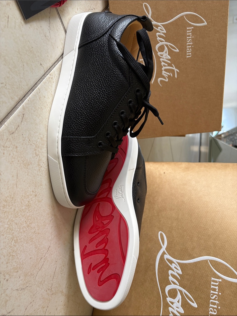 Christian Louboutin Men’s Black Leather Low-Top Sneakers with White Sole
